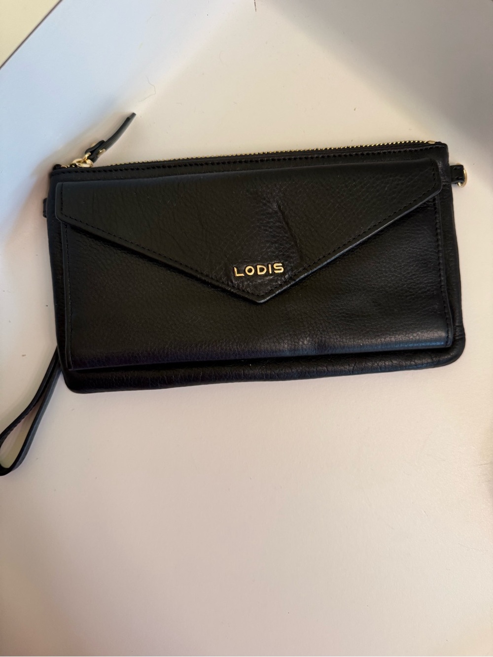 Lodis Black Leather Envelope Wristlet with Gold Logo